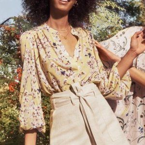 ANNA GLOVER x H&M Floral 16 Patterned Blouse Top Yellow Flounce Bee Button Shirt